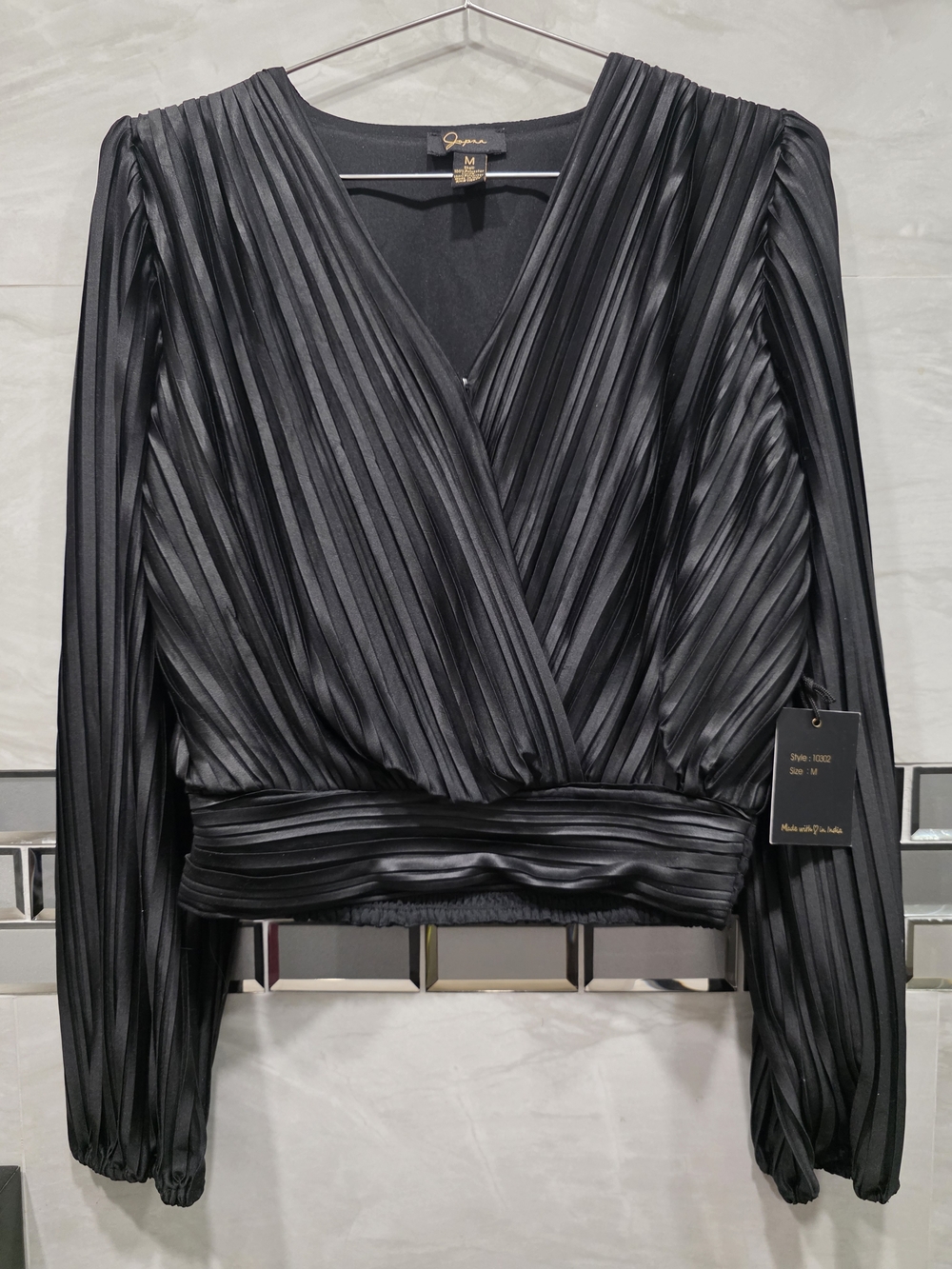 Japna Black Pleated Wrap-Style Long Sleeve Blouse
